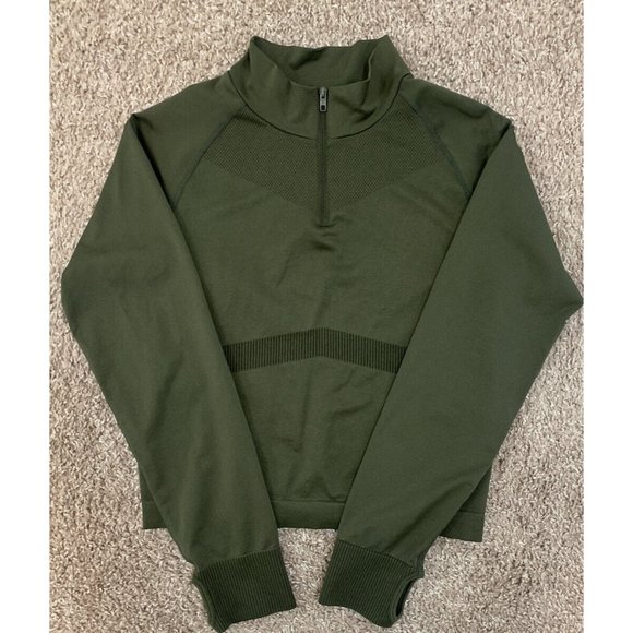 Victoria Secret PINK Active M/L 1/4 Zip Army Green Cropped L/S Top Thumbholes - Picture 7 of 10